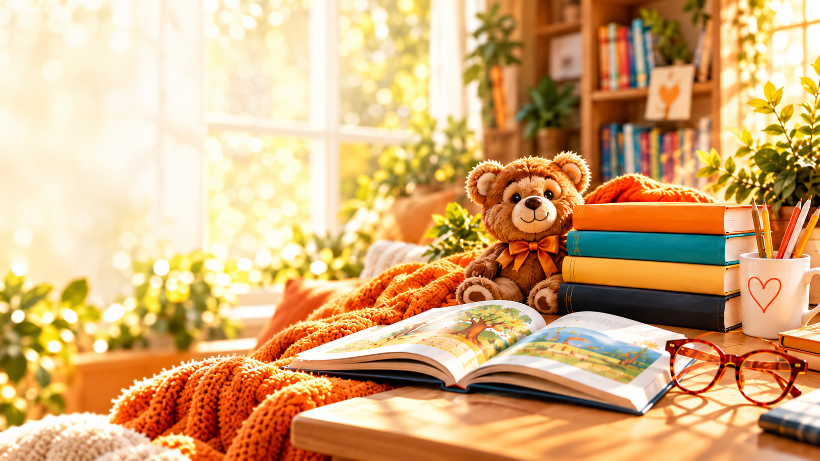 A cozy, sunlit reading nook with books